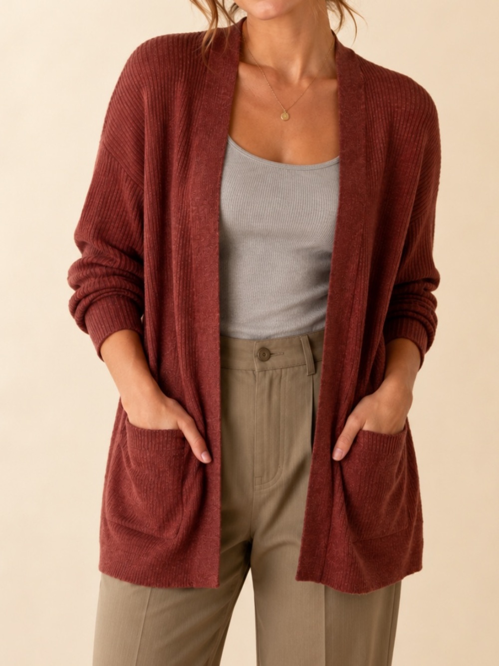 Eileen Fisher Organic Linen Open Front Rust Cardigan Size M